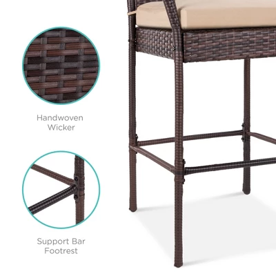 Best Choice Products Set Of 2 Wicker Bar Stools W/ Cushion, Footrests, Armrests For Patio, Pool, Deck 7 Best Choice Products Set Of 2 Wicker Bar Stools W/ Cushion, Footrests, Armrests For Patio, Pool, Deck - Image 5