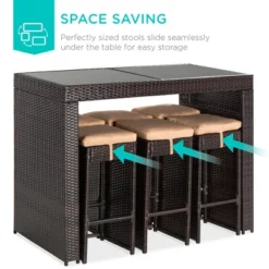 Best Choice Products 7-Piece Outdoor Rattan Wicker Bar Dining Patio Furniture Set W/ Glass Table Top, 6 Stools