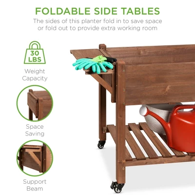 Best Choice Products 57x20x33in Mobile Raised Garden Bed Elevated Wood Planter Box W/ Folding Side Tables - Brown 3 Best Choice Products 57x20x33in Mobile Raised Garden Bed Elevated Wood Planter Box W/ Folding Side Tables - Brown