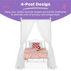 Best Choice Products 4-Post Metal Canopy Twin Bed Frame W/ Heart Scroll Design, 14 Slats, Headboard, Footboard - White