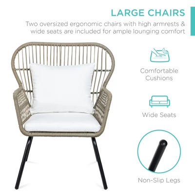 Best Choice Products 3-Piece Patio Conversation Bistro Set, Outdoor Wicker W/ 2 Chairs, Cushions, Side Table 3 Best Choice Products 3-Piece Patio Conversation Bistro Set, Outdoor Wicker W/ 2 Chairs, Cushions, Side Table