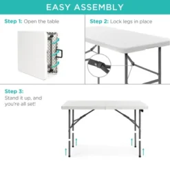 Best Choice Products 4ft Plastic Folding Table, Indoor Outdoor Heavy Duty Portable W/ Handle, Lock For Picnic - White -Best Choice Products GUEST a93dec08 a1f3 48b1 b370 380dfea5b5c7