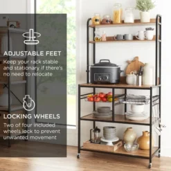 Best Choice Products 67in Counter-Height Baker's Rack W/ Locking Wheels, Adjustable Feet, 2 Wire Baskets