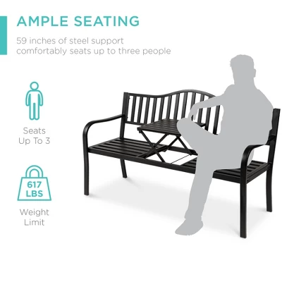 Best Choice Products Outdoor Garden Steel Patio Porch Bench With Pullout Middle Table W/ Weather-Resistant Frame - Black 5 Best Choice Products Outdoor Garden Steel Patio Porch Bench With Pullout Middle Table W/ Weather-Resistant Frame - Black - Image 3