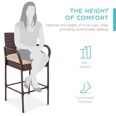 Best Choice Products Set Of 2 Wicker Bar Stools W/ Cushion, Footrests, Armrests For Patio, Pool, Deck 3 Best Choice Products Set Of 2 Wicker Bar Stools W/ Cushion, Footrests, Armrests For Patio, Pool, Deck