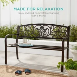 Best Choice Products Outdoor Steel Bench Garden Patio Porch Furniture W/ Floral Design Backrest, Slatted Seat -Best Choice Products GUEST d12748c0 1005 44fa 9760 ee61c1932664