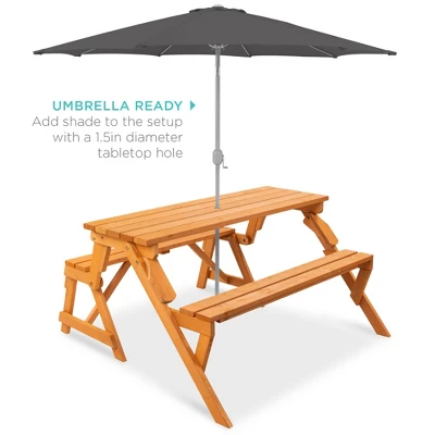 Best Choice Products 2-in-1 Outdoor Interchangeable Wooden Picnic Table/Garden Bench For W/ Umbrella Hole - Natural 5 Best Choice Products 2-in-1 Outdoor Interchangeable Wooden Picnic Table/Garden Bench For W/ Umbrella Hole - Natural - Image 4