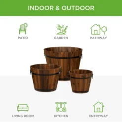 Best Choice Products Set Of 3 Rustic Wood Bucket Barrel Flower Garden Planters Set W/ Drainage Holes, Multiple Sizes -Best Choice Products GUEST eaab294e 118b 4598 88ca 463eae76d6dd